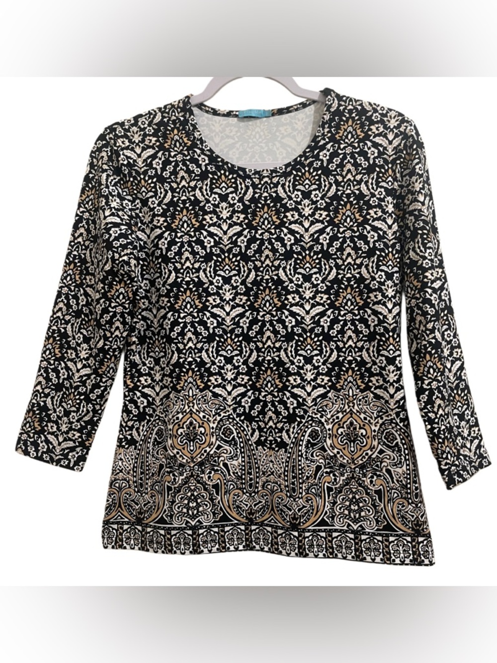 J. McLaughlin Signature Catalina Cloth Top Black  Gold Paisley 3/4 Sleeves Small